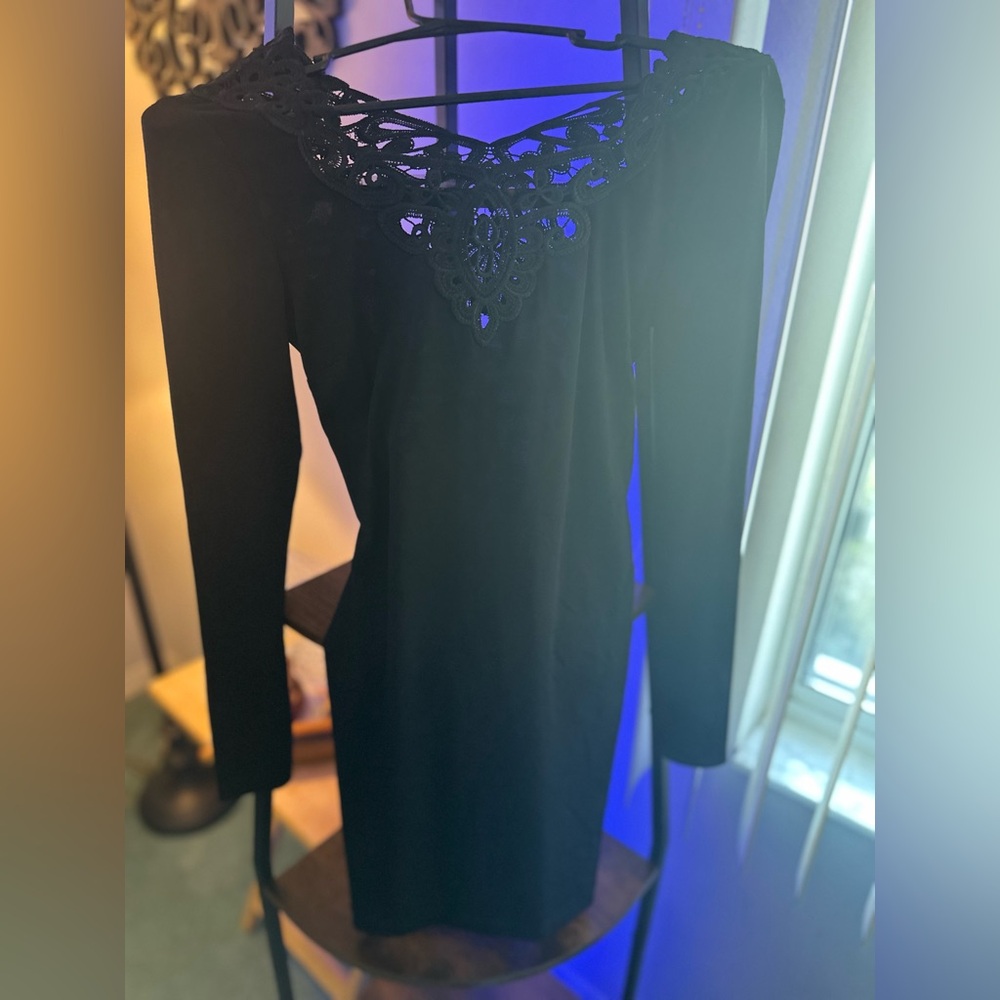 Black Long-Sleeve Dress with Lace Yoke